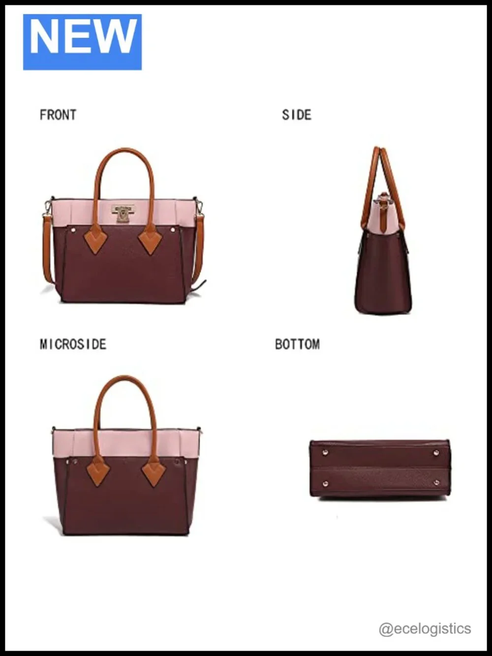 Vegan Leather Tote Bag with Wristlet Wallet, Color-Block, Adjustable Strap,